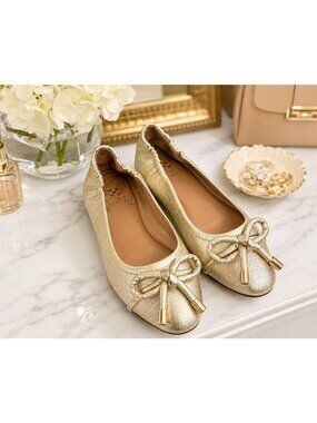 New Vince Camuto 7.5 Maysa Flats Gold Metallic Leather Ballet Bow Womens
